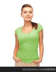 picture of smiling woman in blank green t-shirt