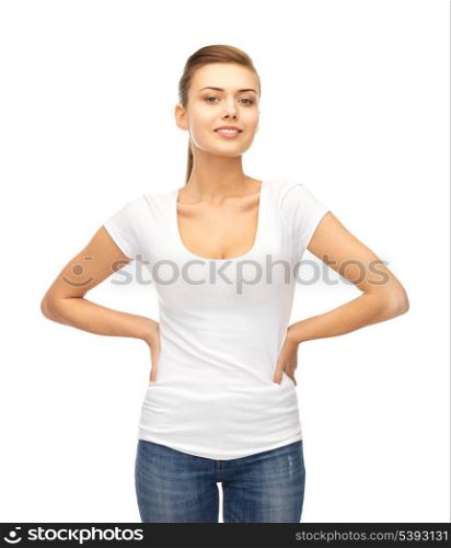 picture of smiling woman in blank white t-shirt