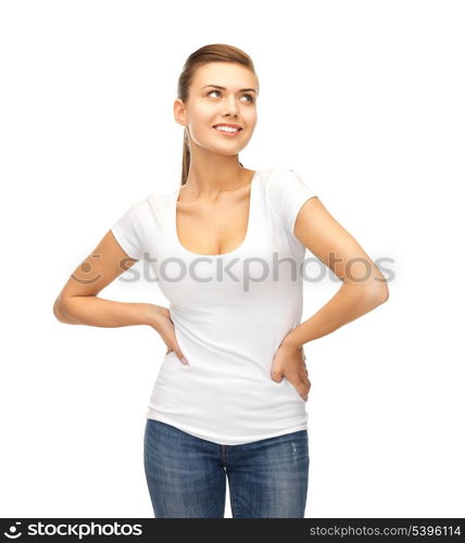 picture of smiling woman in blank white t-shirt