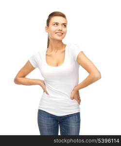 picture of smiling woman in blank white t-shirt