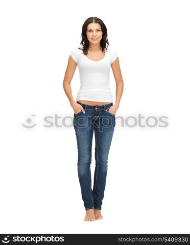 picture of smiling woman in blank white t-shirt