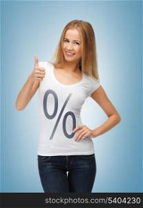 picture of smiling woman in shirt with percent sign