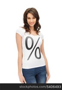 picture of smiling woman in shirt with percent sign