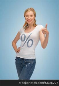 picture of smiling woman pointing at percent sign