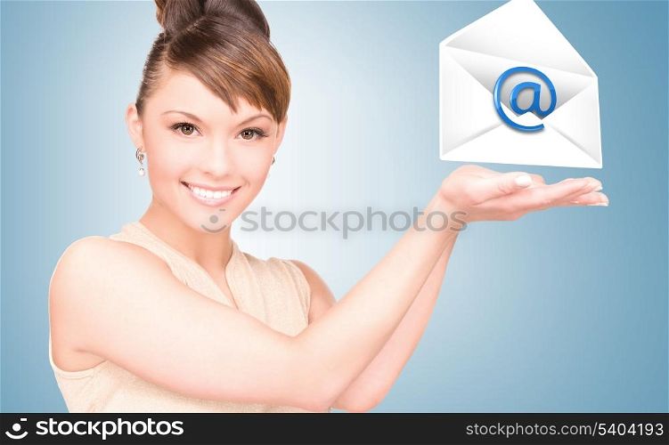 picture of smiling woman showing virtual envelope
