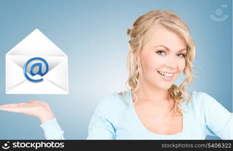 picture of smiling woman showing virtual envelope