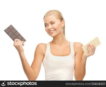 picture of smiling woman with dark and white chocolates