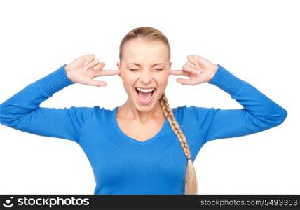 picture of smiling woman with fingers in ears