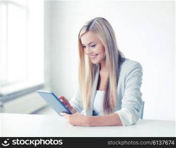 picture of smiling woman with tablet pc. woman with tablet pc