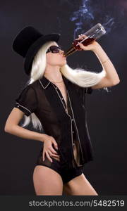 picture of smoking girl with bottle of whiskey