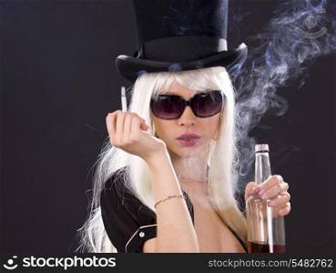 picture of smoking girl with bottle of whiskey