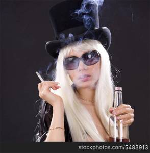 picture of smoking girl with bottle of whiskey
