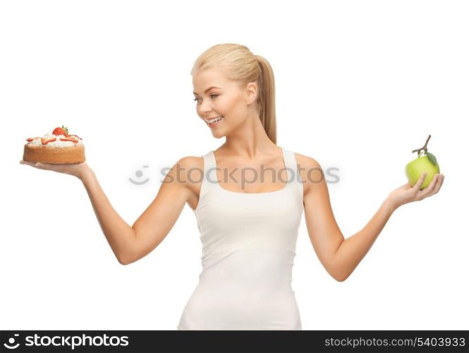 picture of sporty woman with apple and cake