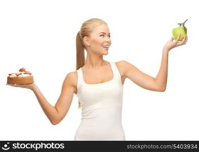 picture of sporty woman with apple and cake