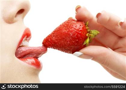 picture of strawberry, lips and tongue over white