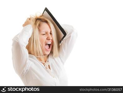 picture of stressed businesswoman, isolated on white