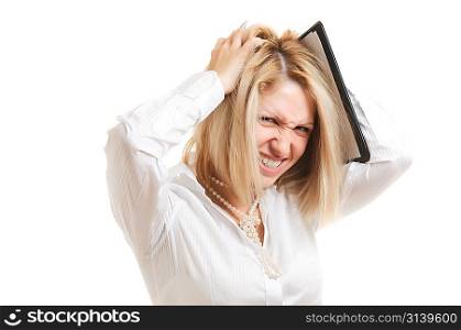 picture of stressed businesswoman, isolated on white
