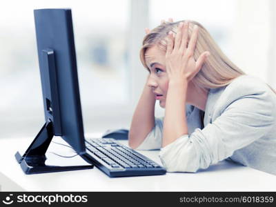 picture of stressed businesswoman with computer at work. stressed woman with computer