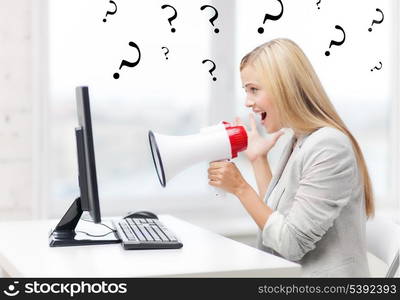 picture of strict businesswoman shouting in megaphone