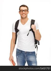 picture of student with backpack and book in specs