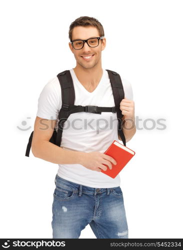 picture of student with backpack and book in specs