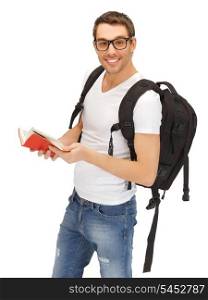 picture of student with backpack and book in specs