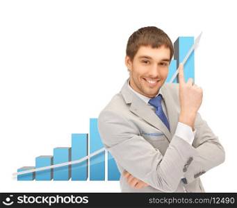 picture of successful businessman with big 3d chart