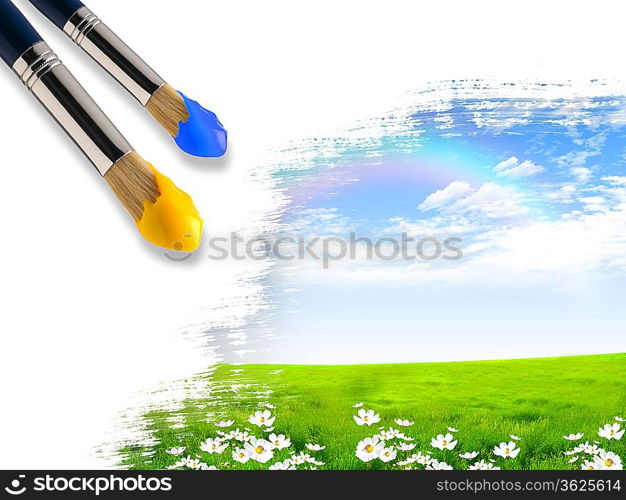 Picture of sunny nature landscape and brushes