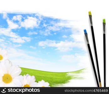 Picture of sunny nature landscape and brushes