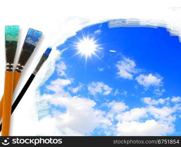 Picture of sunny nature landscape and brushes