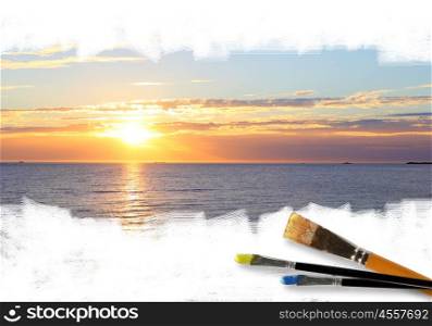 Picture of sunny sea landscape and brushes