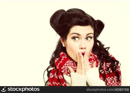 picture of surprised woman face hands over mouth retro hairstyle vintage photo
