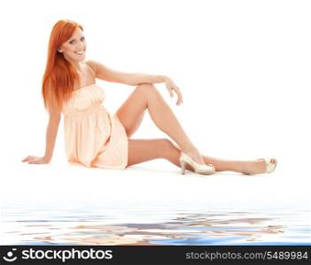 picture of tall redhead woman over white