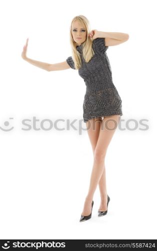 picture of tall woman in grey dress over white