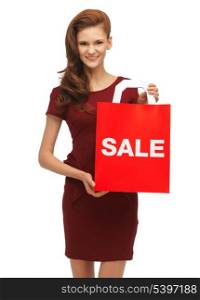 picture of teenage girl in red dress with sale sign