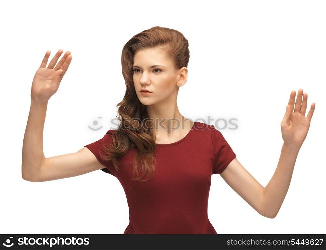 picture of teenage girl in red dress working with something imaginary