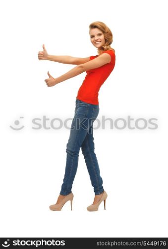 picture of teenage girl in red t-shirt showing thumbs up