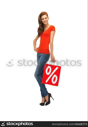 picture of teenage girl in red t-shirt with shopping bag