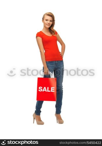 picture of teenage girl in red t-shirt with shopping bag