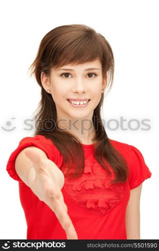 picture of teenage girl with an open hand ready for handshake