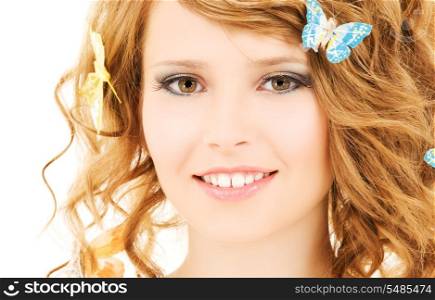 picture of teenage girl with butterflies over white