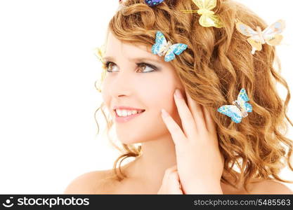 picture of teenage girl with butterflies over white