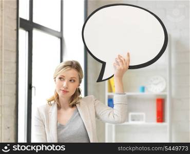 picture of thinking businesswoman with blank text bubble