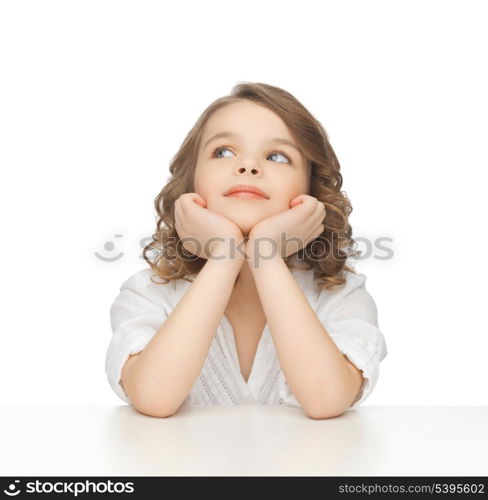 picture of thinking pre-teen girl in casual clothes