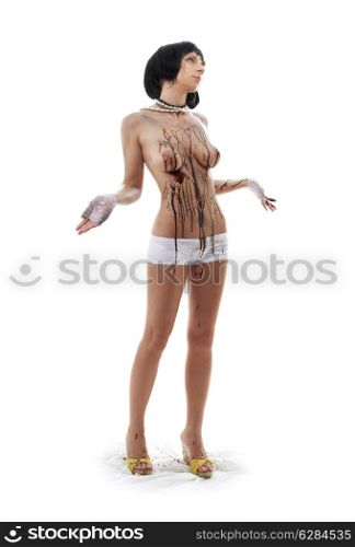 picture of topless brunette in chocolate over white