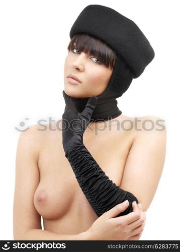 picture of topless girl in black hat and glove