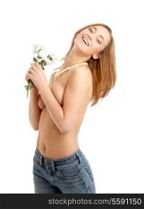 picture of topless hippy girl with white flowers