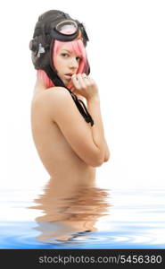 picture of topless pink hair girl in aviator helmet