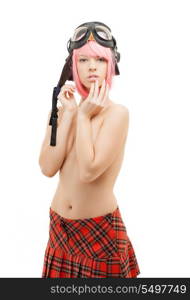 picture of topless pink hair girl in aviator helmet