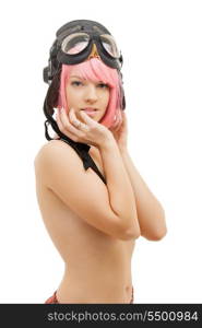 picture of topless pink hair girl in aviator helmet